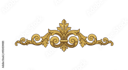 A horizontally elongated, ornate gold-colored design element with a central fleur-de-lis motif and elaborate scrolls is on a plain white background.