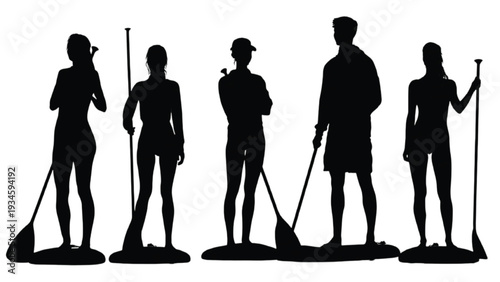Summer paddle board silhouettes ocean adventure activity concept