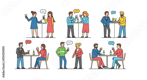 Six separate pairs of diverse cartoon-style individuals are actively engaged in conversation and drinking beverages at small tables or standing on a white background.