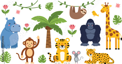 Cute Jungle Animals Collection Cartoon Vector Illustration with Lion Monkey Giraffe Elephant and Tropical Elements