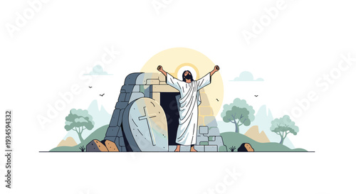 Jesus, clad in a white robe, stands with arms raised before an open stone tomb with a rolled-aside entrance stone, under a radiant sun.