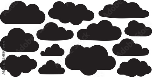 Collection of Black Silhouette Clouds on White Background Simple Shapes