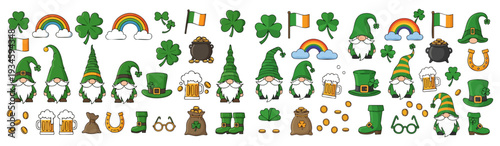 Collection of St. Patrick's Day themed illustrations, including leprechauns, pots of gold, and shamrocks.