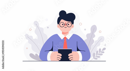 A stylized person in a blue shirt and red tie holds a dark tablet, with muted leaves and circles in the background