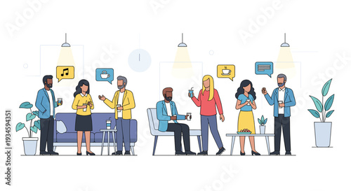 Ten diverse individuals are casually interacting and holding drinks in two distinct groups within a modern lounge or office setting.