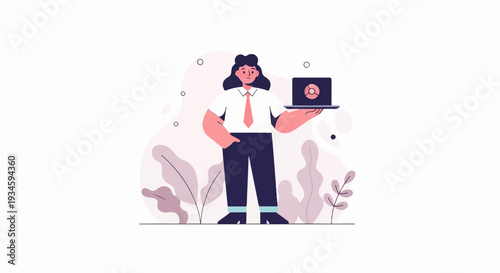 Minimalist illustration of a person holding a laptop with a chart on the screen, surrounded by abstract plant shapes and circles