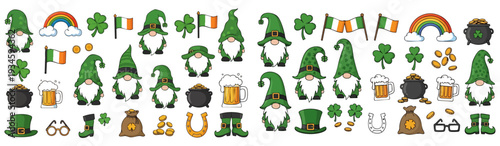 Collection of St. Patrick's Day themed illustrations, including leprechauns, pots of gold, and shamrocks.