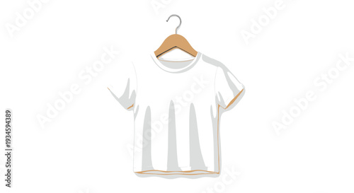 A white t-shirt with subtle shading and soft folds hangs on a light brown wooden hanger, with its hook visible, against an empty bright white background.