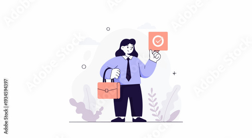 A cartoon person in business attire holds a briefcase and a checkmark, symbolizing success and achievement