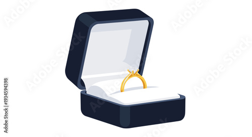 An open dark blue ring box with a white velvet interior holds a solitary golden engagement ring with a four-prong setting, against a clean white background.