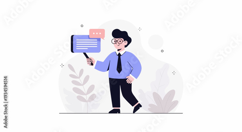 Cartoon man in glasses holds speech bubble sign