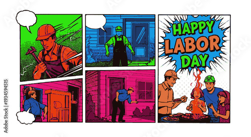 Vibrant labor day comic strip illustrating workers and celebration