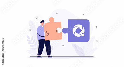 Man holding puzzle piece to connect with matching abstract shape