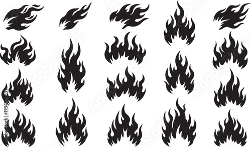 Flame Icons Collection Various Fire Shapes Black Silhouettes on White Background