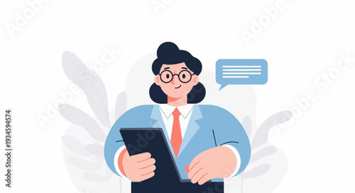 Professional woman with glasses and tie, holding tablet, with speech bubble