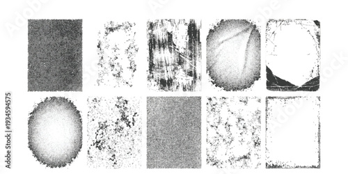 Set of distressed grunge texture borders and weathered frames in black and white vector illustration for vintage graphic design