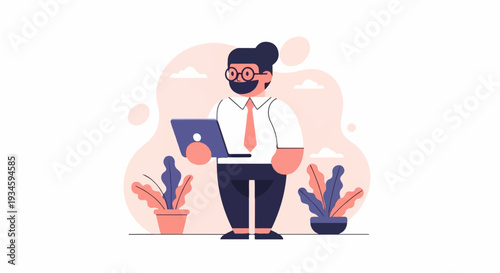 A man in office attire with glasses, beard, and bun hairstyle, holding a laptop, stands amidst potted plants
