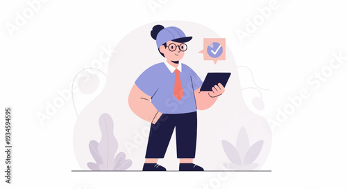 Stylized person wearing a cap and glasses holds a tablet