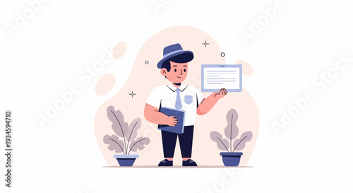A stylized man in a hat holds a tablet and folder near potted plants
