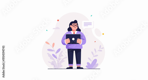 Cheerful woman in purple attire holds a tablet, with plants and abstract shapes