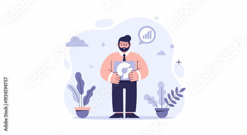 A man in formal attire holding a circle icon with a graph inside