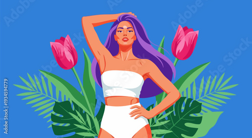 Woman in White Swimsuit with Purple Hair and Tropical Flowers Vector Illustration