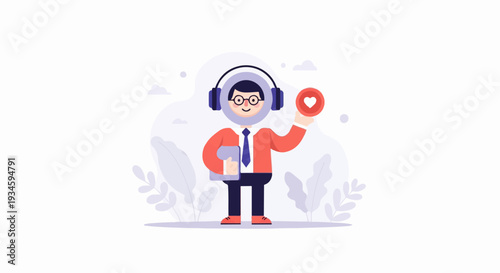 Cheerful person with headphones holding a heart shape