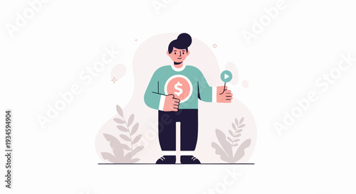 Person with dollar and play button icons, representing financial growth and content creation