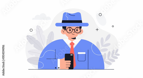 Stylized man in blue suit, hat, and glasses holds smartphone, with abstract plants and shapes