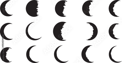 Moon Phases Cycle Graphic Icons Black Silhouette Isolated on White Background