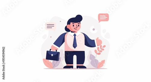 Businessperson with briefcase and thumbs up, surrounded by abstract shapes and foliage