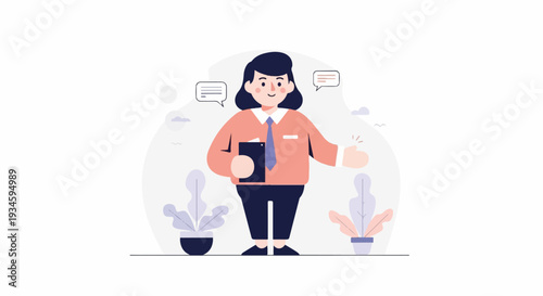 Friendly cartoon woman in professional attire, gesturing with an open hand
