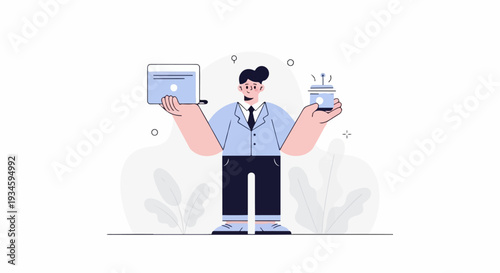 Businessman holding a laptop and a coffee cup, representing work-life balance