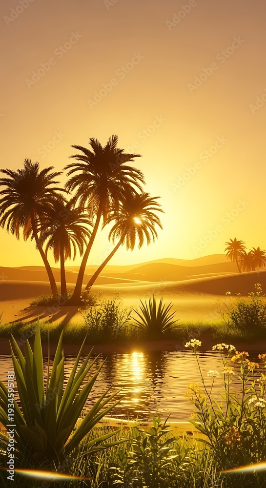 Obraz premium Golden desert landscape with palms and oasis, serene tropical environment