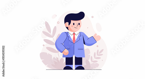 A friendly cartoon man in a blue suit and red tie stands with one arm outstretched, gesturing warmly