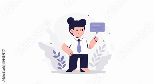 A stylized character in formal attire holds a speech bubble against a background of organic shapes and foliage