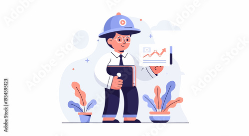 Animated professional in a hard hat examines a growth chart next to potted plants
