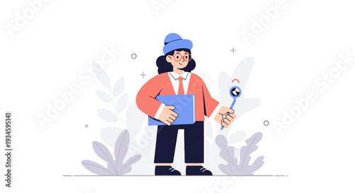Stylized person in blue hat and coral jacket holds blue folder and a magnifying glass