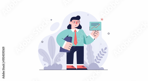 A stylized person in glasses and a tie holds a folder and a growth chart