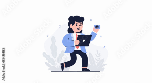 Woman in business attire holds a laptop and camera, walking briskly in a stylized, light environment