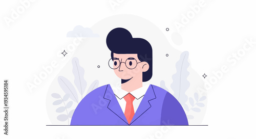 A smiling man with glasses, wearing a suit and tie, in a minimalist style