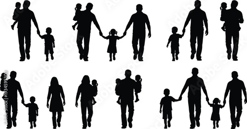 Silhouette family group illustration, parents with children walking, holding hands, diverse family structures, parenting concept, black silhouette design, vector art