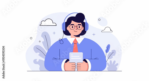 Person wearing headphones, holding a phone, with abstract shapes and clouds