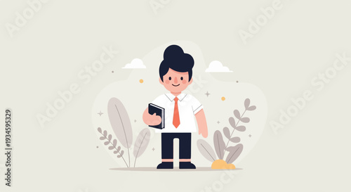 Cheerful student in uniform with book, surrounded by stylized foliage and clouds