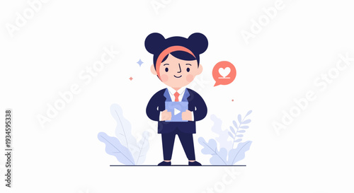 Person in suit with mouse ears holding tablet, heart icon, plants