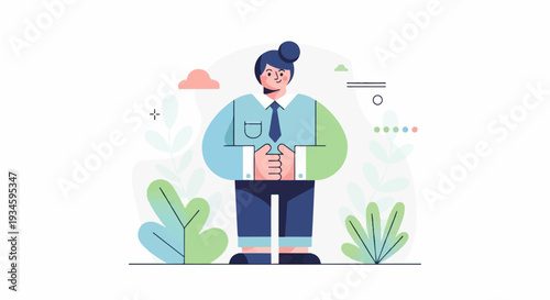 Stylized person in business attire stands confidently amid abstract flora and simple geometric shapes