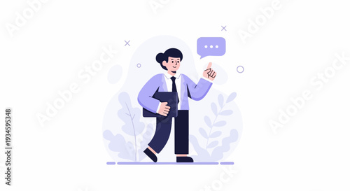 A person in a suit holding a folder, with a speech bubble and decorative elements