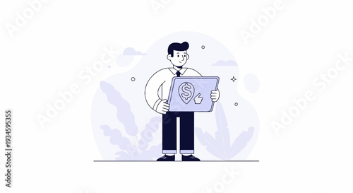 Stylized illustration of a businessman holding a tablet showing a dollar sign and thumbs up