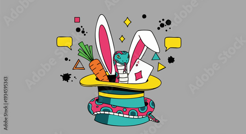 Magic Hat with Rabbit Ears, Snake, Carrot, and Playing Cards Vector Illustration