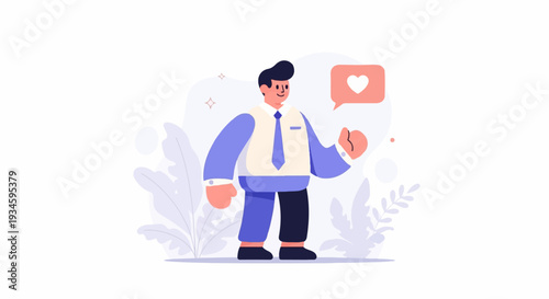 Cheerful cartoon man in blue shirt and vest gives a thumbs up, heart symbol above